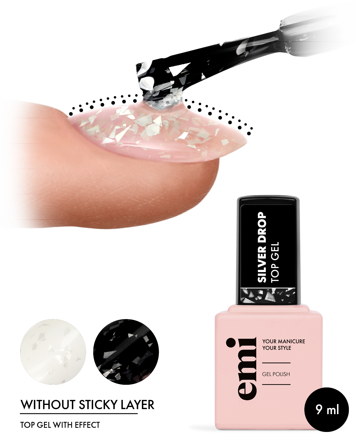 E.MiLac Silver Drop Top Gel, 9 ml.