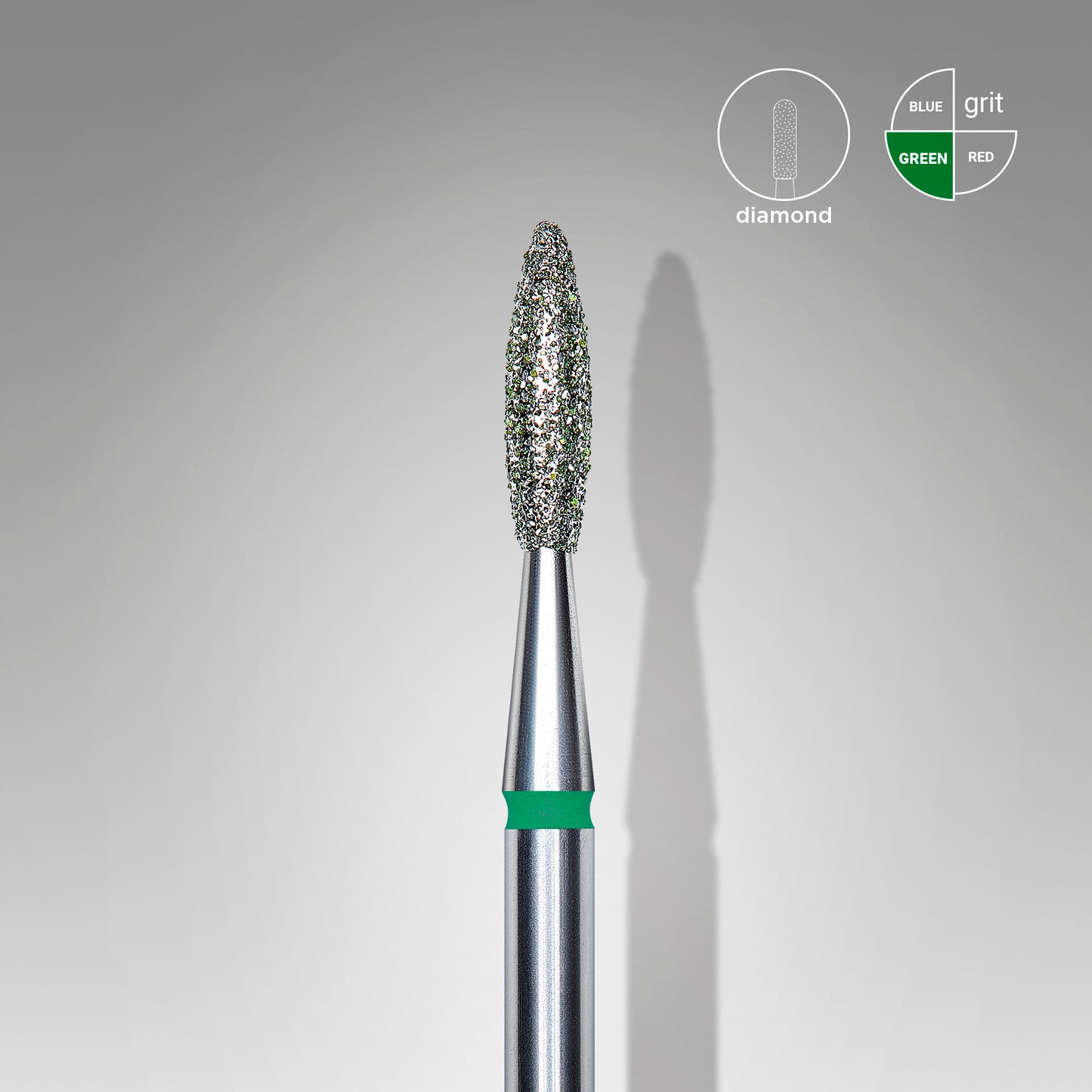 STALEKS Diamond nail drill bit, pointed “flame”, green, head diameter 2.1 mm/ working part 8 mm