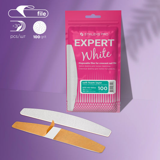 White disposable files for crescent nail file (soft base) Staleks Pro Expert 40, 100 grit (30 pcs)