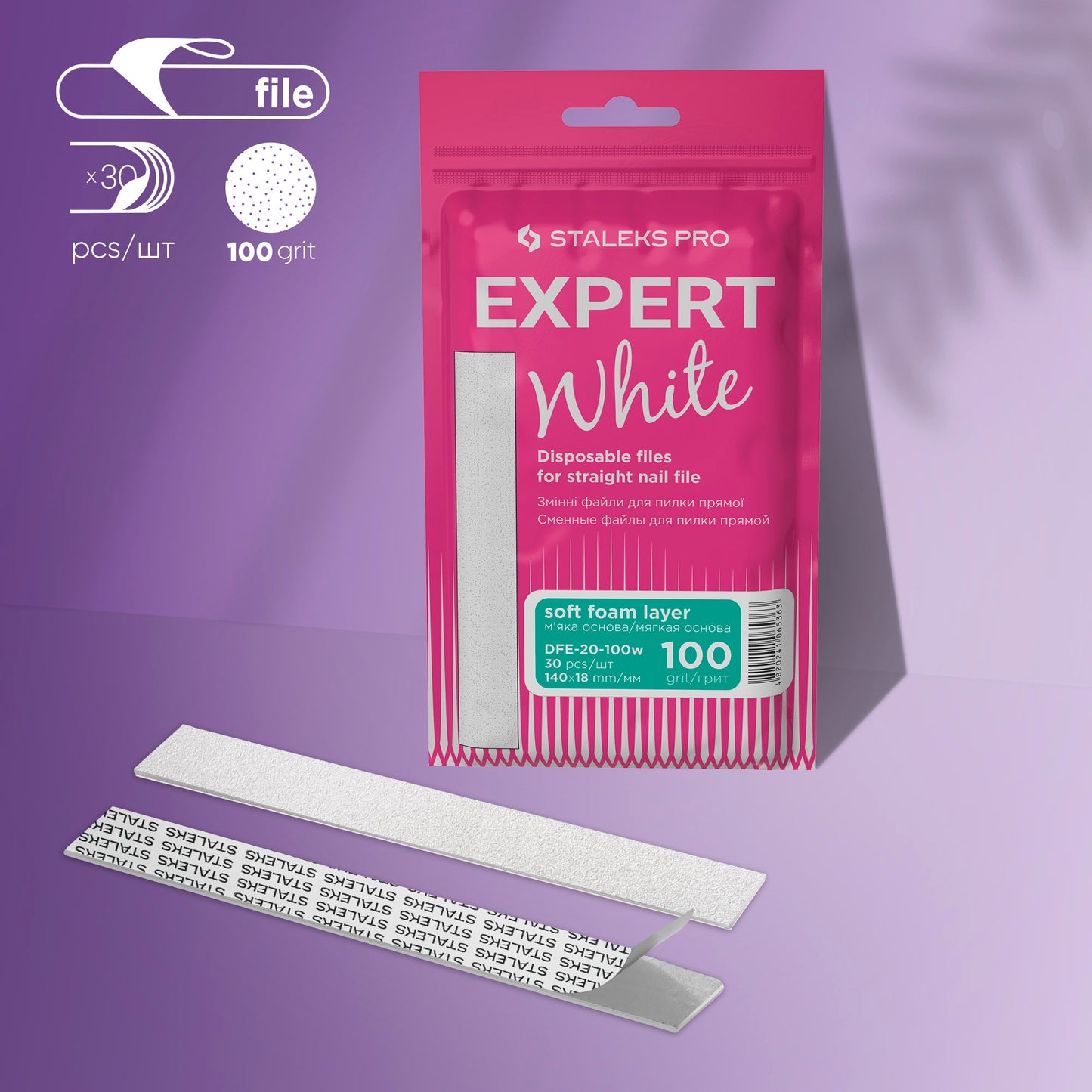 White disposable files for straight nail file (soft base) Staleks Pro Expert 20, 100 grit (30 pcs)